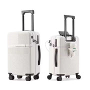 white hand carry luggage with cup holder