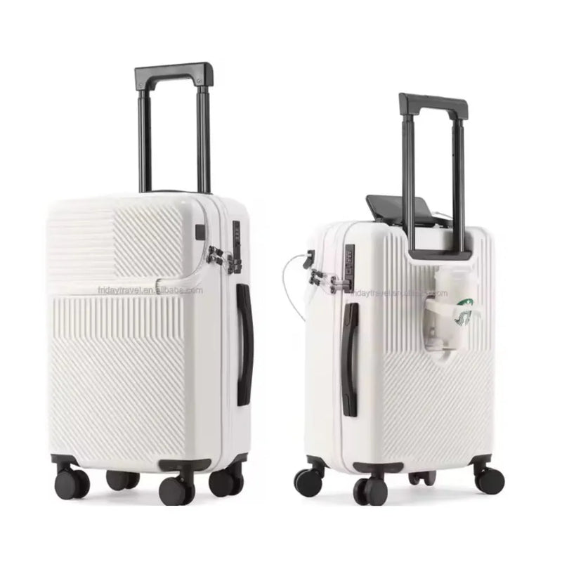white hand carry luggage with cup holder